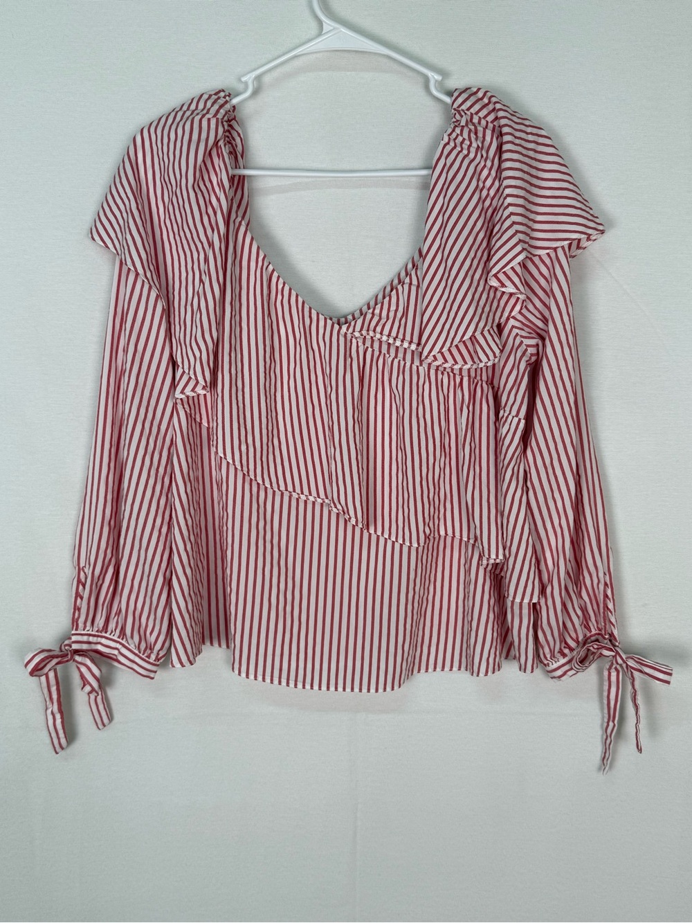 Miss Selfridge Red and White Striped Ruffle V-Neck Blouse
